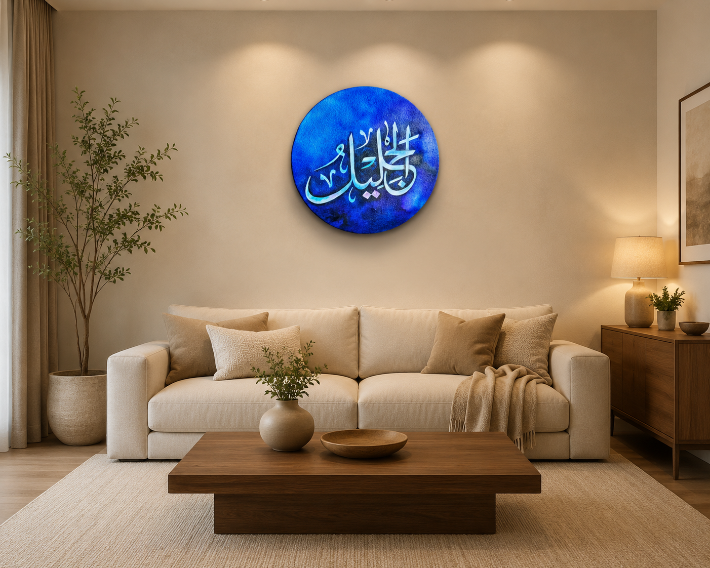 Circular Blue Arabic Islamic Calligraphy Wall Art.