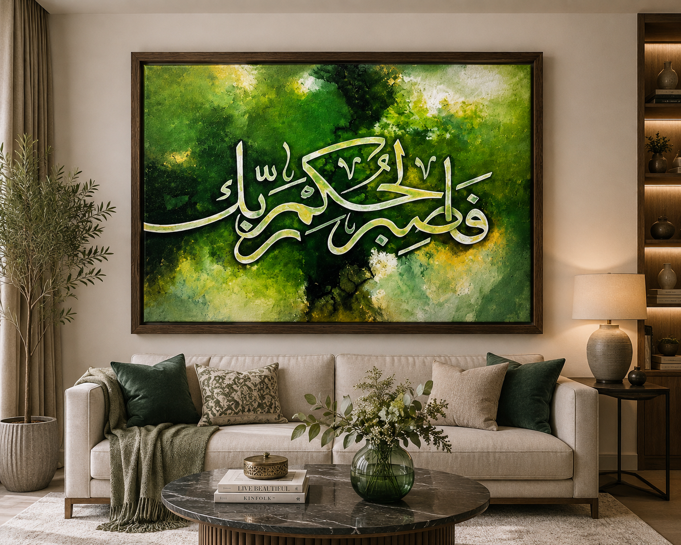 🌿 Premium Islamic Arabic Calligraphy Wall Art Canvas | Wall Art – Green Abstract | Framed Home & Office Decor
