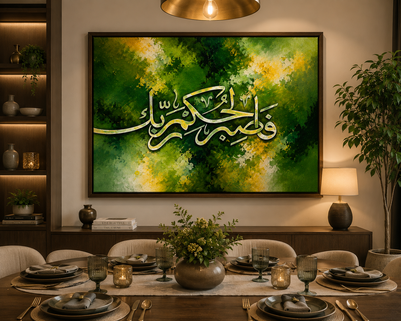 🌿 Premium Islamic Arabic Calligraphy Wall Art Canvas | Wall Art – Green Abstract | Framed Home & Office Decor